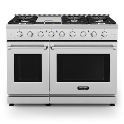 48 Inch All Gas Double Oven Freestanding Natural Gas Range with Stainless Steel Cast Iron Grates and Storage Drawer