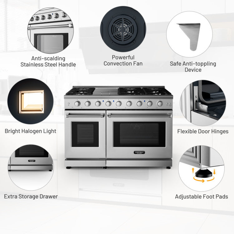 48 Inch All Gas Double Oven Freestanding Natural Gas Range with Stainless Steel Cast Iron Grates and Storage Drawer