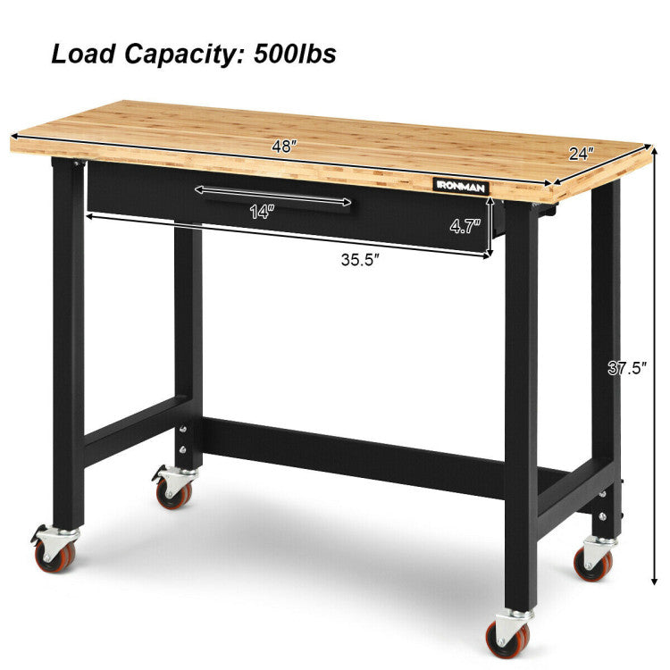 48 Inch Moveable Workbench 500 lbs Bamboo Tabletop Worktable with 360 Rotating Casters and Sliding Organizer Drawer