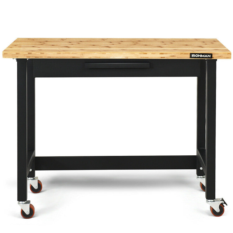 48 Inch Moveable Workbench 500 lbs Bamboo Tabletop Worktable with 360 Rotating Casters and Sliding Organizer Drawer