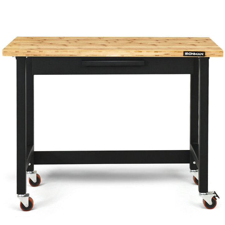 48 Inch Moveable Workbench 500 lbs Bamboo Tabletop Worktable with 360 Rotating Casters and Sliding Organizer Drawer