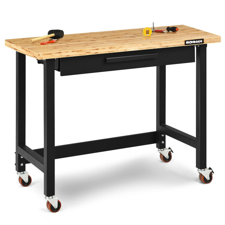 48 Inch Moveable Workbench 500 lbs Bamboo Tabletop Worktable with 360 Rotating Casters and Sliding Organizer Drawer