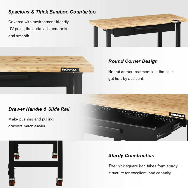 48 Inch Moveable Workbench 500 lbs Bamboo Tabletop Worktable with 360 Rotating Casters and Sliding Organizer Drawer