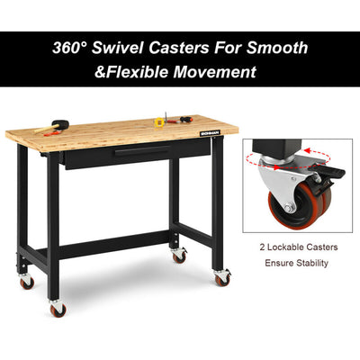48 Inch Moveable Workbench 500 lbs Bamboo Tabletop Worktable with 360 Rotating Casters and Sliding Organizer Drawer