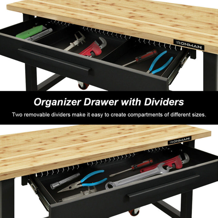 48 Inch Moveable Workbench 500 lbs Bamboo Tabletop Worktable with 360 Rotating Casters and Sliding Organizer Drawer