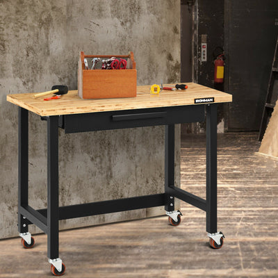 48 Inch Moveable Workbench 500 lbs Bamboo Tabletop Worktable with 360 Rotating Casters and Sliding Organizer Drawer