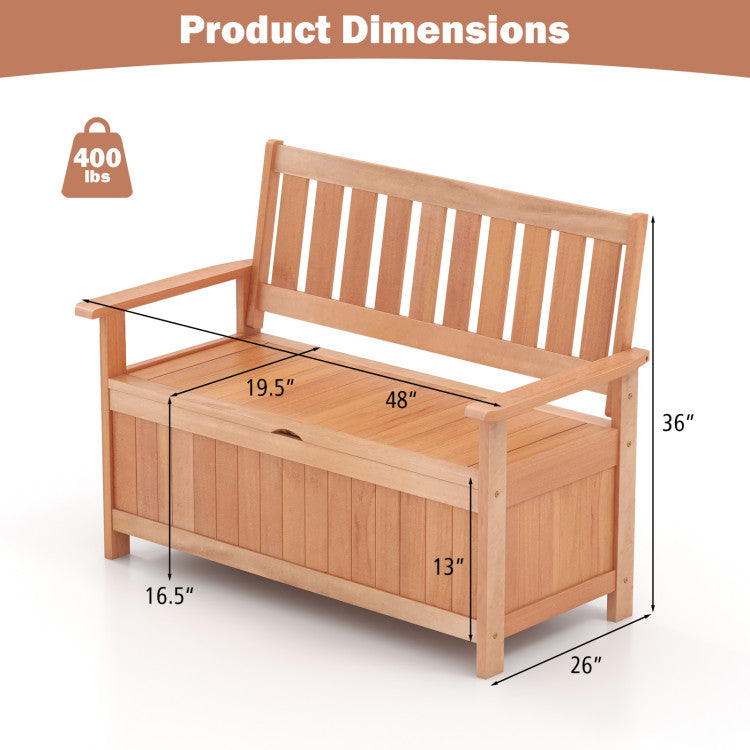 48 Inch Outdoor Storage Bench 2-in-1 Patio Hardwood Storage Loveseat with Slatted Backrest and Armrests