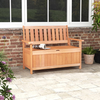 48 Inch Outdoor Storage Bench 2-in-1 Patio Hardwood Storage Loveseat with Slatted Backrest and Armrests