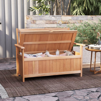 48 Inch Outdoor Storage Bench 2-in-1 Patio Hardwood Storage Loveseat with Slatted Backrest and Armrests