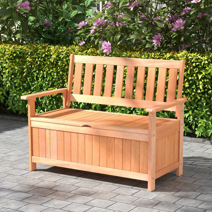 48 Inch Outdoor Storage Bench 2-in-1 Patio Hardwood Storage Loveseat with Slatted Backrest and Armrests