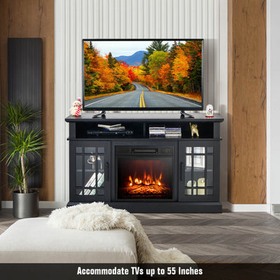 48 Inch Wooden TV Stand Console Table with 1400W Electric Fireplace and Open Storage