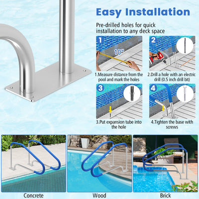 48 x 34 Inch Swimming Pool Handrail 316 Stainless Steel Pool Stair Rail with Grip Cover