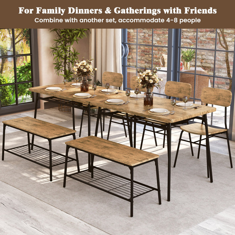 4 Piece Dining Table Set for 4 Metal Frame with Bench and 2 Chairs