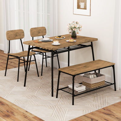 4 Piece Dining Table Set for 4 Metal Frame with Bench and 2 Chairs