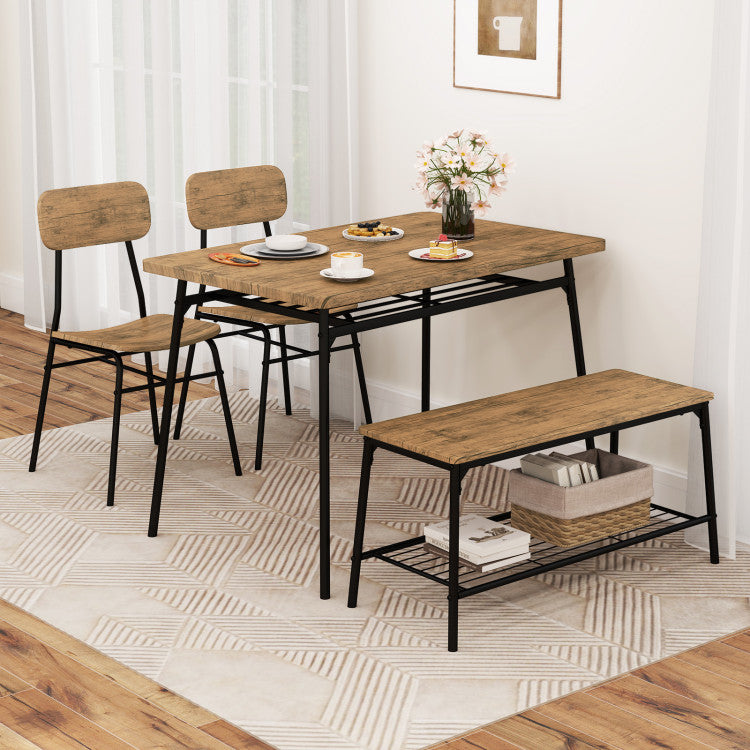 4 Piece Dining Table Set for 4 Metal Frame with Bench and 2 Chairs