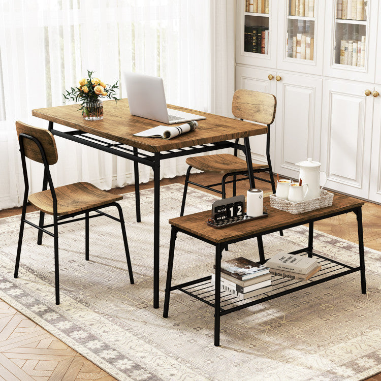 4 Piece Dining Table Set for 4 Metal Frame with Bench and 2 Chairs