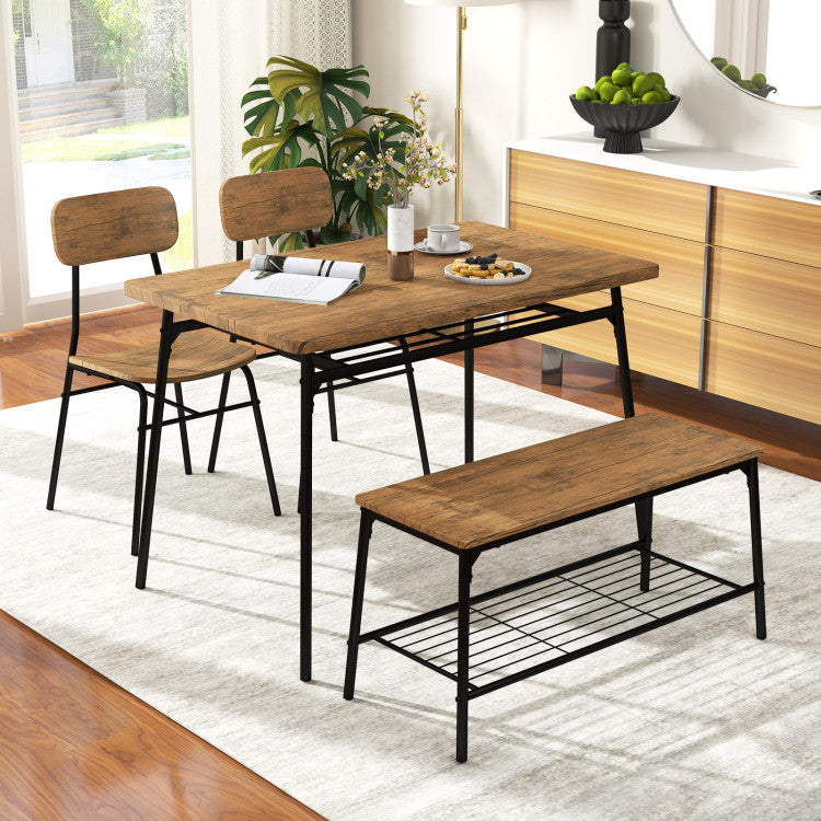 4 Piece Dining Table Set for 4 Metal Frame with Bench and 2 Chairs