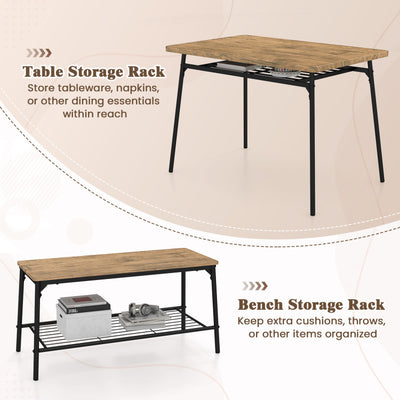4 Piece Dining Table Set for 4 Metal Frame with Bench and 2 Chairs