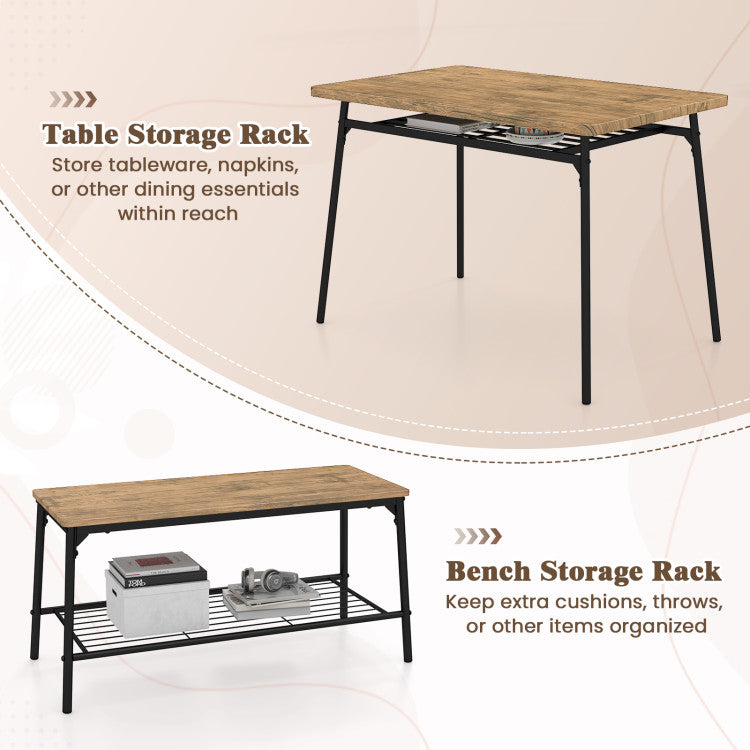 4 Piece Dining Table Set for 4 Metal Frame with Bench and 2 Chairs