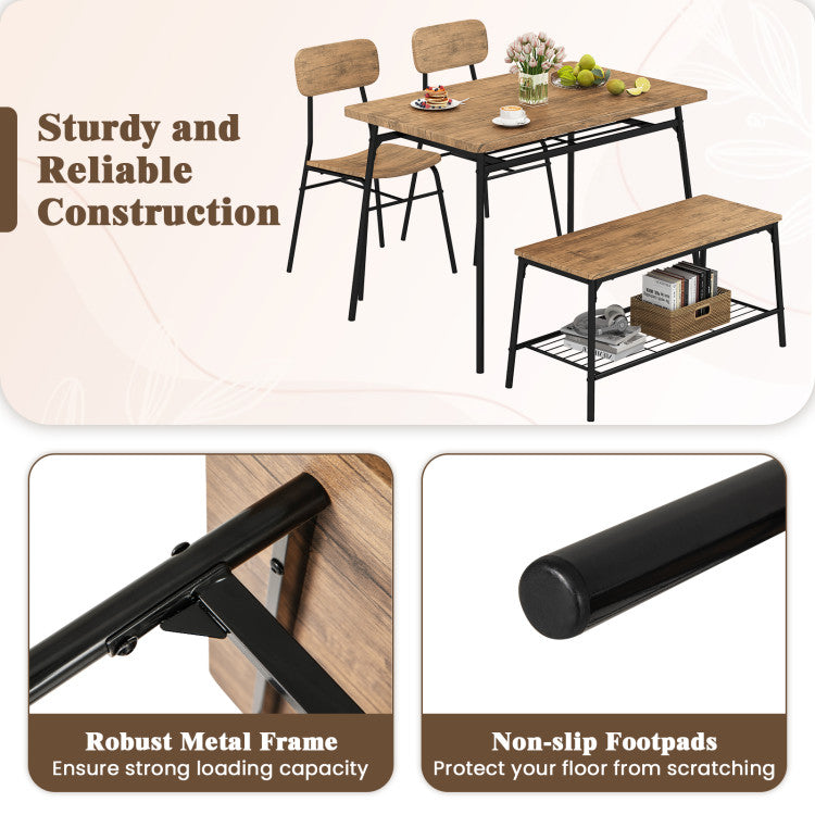 4 Piece Dining Table Set for 4 Metal Frame with Bench and 2 Chairs