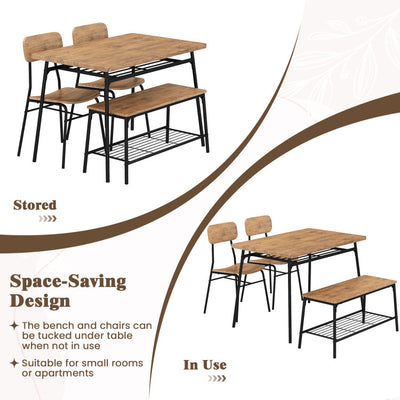 4 Piece Dining Table Set for 4 Metal Frame with Bench and 2 Chairs