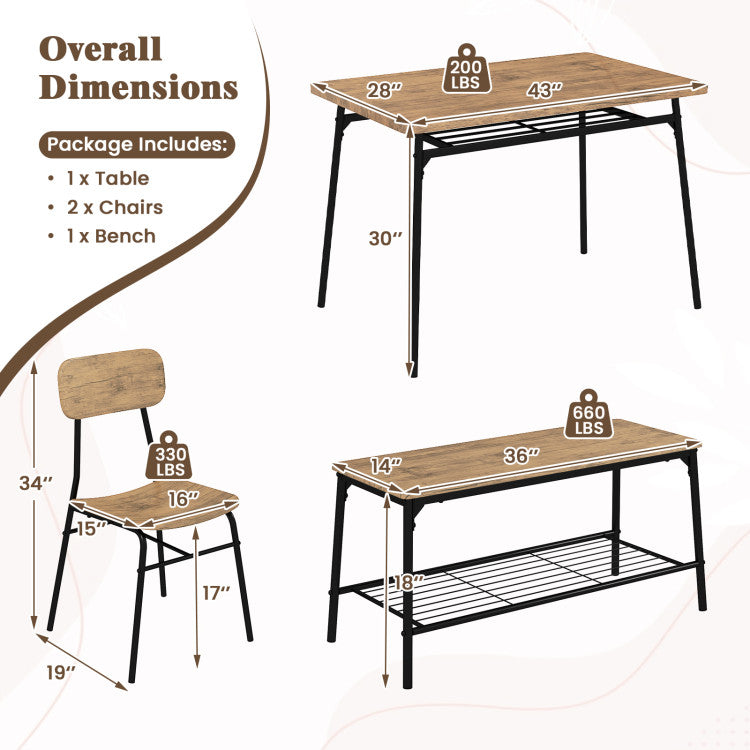 4 Piece Dining Table Set for 4 Metal Frame with Bench and 2 Chairs