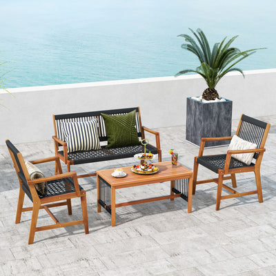 4 Pieces Outdoor Acacia Wood Furniture Set Patio Loveseat Conversation Set with Hand Woven Rope