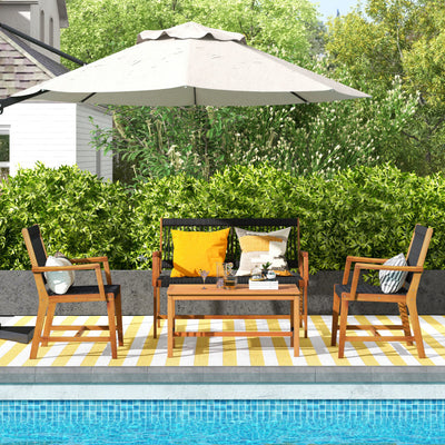 4 Pieces Outdoor Acacia Wood Furniture Set Patio Loveseat Conversation Set with Hand Woven Rope