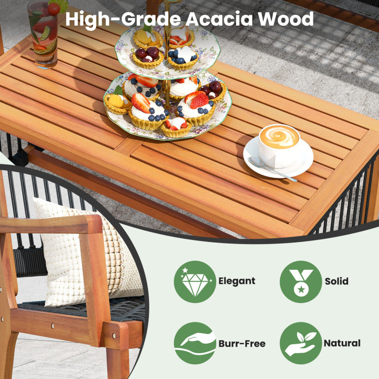 4 Pieces Outdoor Acacia Wood Furniture Set Patio Loveseat Conversation Set with Hand Woven Rope