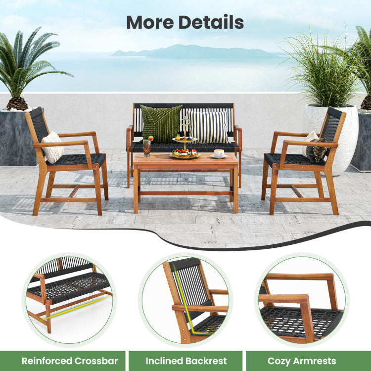 4 Pieces Outdoor Acacia Wood Furniture Set Patio Loveseat Conversation Set with Hand Woven Rope