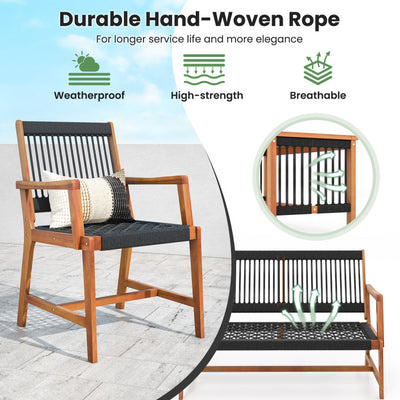 4 Pieces Outdoor Acacia Wood Furniture Set Patio Loveseat Conversation Set with Hand Woven Rope