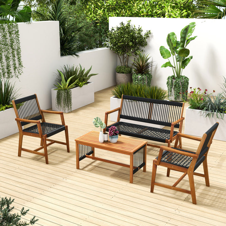 4 Pieces Outdoor Acacia Wood Furniture Set Patio Loveseat Conversation Set with Hand Woven Rope