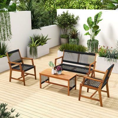 4 Pieces Outdoor Acacia Wood Furniture Set Patio Loveseat Conversation Set with Hand Woven Rope