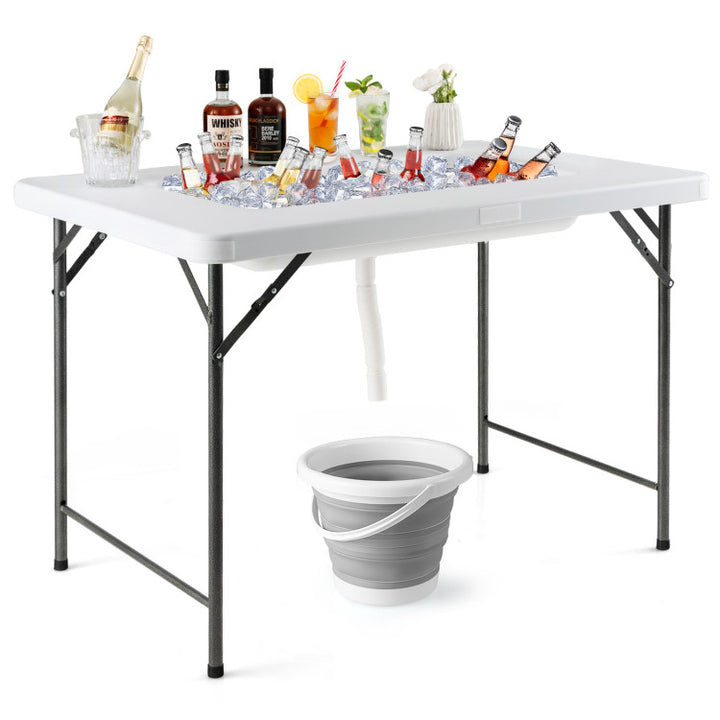 4 Feet Folding Ice Bin Table with Skirt for Camping Picnic Wedding with Ice Bucket