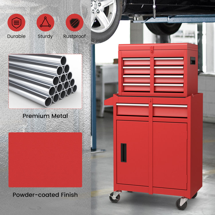 5-Drawer Rolling Tool Box 2-in-1 Lockable Tool Chest Storage Cabinet with Universal Wheels and Trays for Garage Workshop
