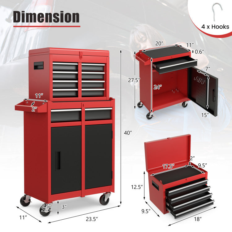 5-Drawer Rolling Tool Box 2-in-1 Lockable Tool Chest Storage Cabinet with Universal Wheels and Trays for Garage Workshop