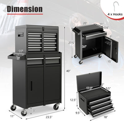 5-Drawer Rolling Tool Box 2-in-1 Lockable Tool Chest Storage Cabinet with Universal Wheels and Trays for Garage Workshop