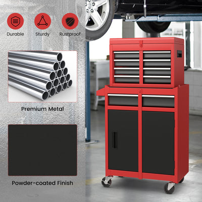 5-Drawer Rolling Tool Box 2-in-1 Lockable Tool Chest Storage Cabinet with Universal Wheels and Trays for Garage Workshop