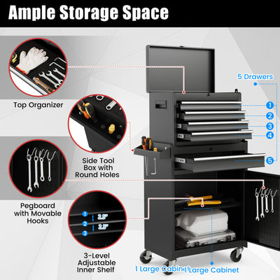 5-Drawer Rolling Tool Box 2-in-1 Lockable Tool Chest Storage Cabinet with Universal Wheels and Trays for Garage Workshop