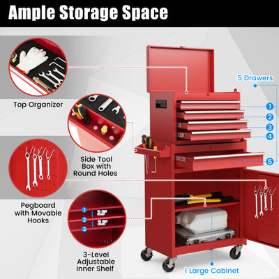 5-Drawer Rolling Tool Box 2-in-1 Lockable Tool Chest Storage Cabinet with Universal Wheels and Trays for Garage Workshop