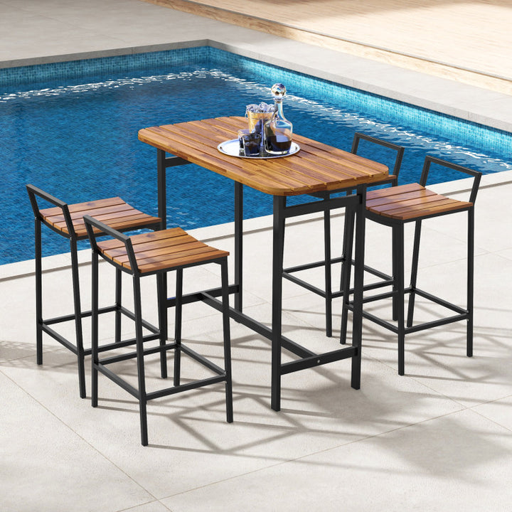 5 Piece Outdoor Acacia Wood Bar Height Table Set Patio Furniture Bistro Set with Adjustable Foot Pads and Footrest