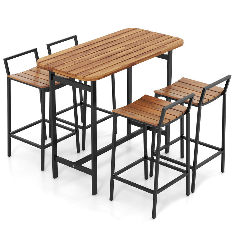 5 Piece Outdoor Acacia Wood Bar Height Table Set Patio Furniture Bistro Set with Adjustable Foot Pads and Footrest