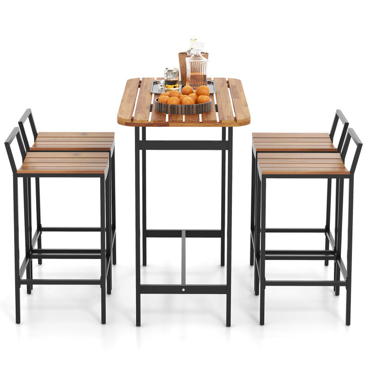 5 Piece Outdoor Acacia Wood Bar Height Table Set Patio Furniture Bistro Set with Adjustable Foot Pads and Footrest