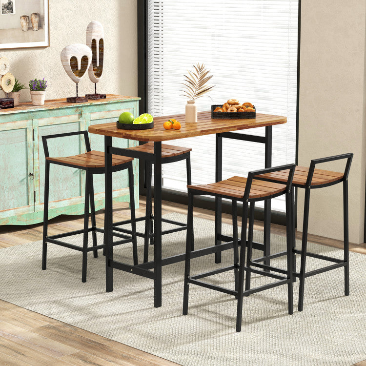 5 Piece Outdoor Acacia Wood Bar Height Table Set Patio Furniture Bistro Set with Adjustable Foot Pads and Footrest