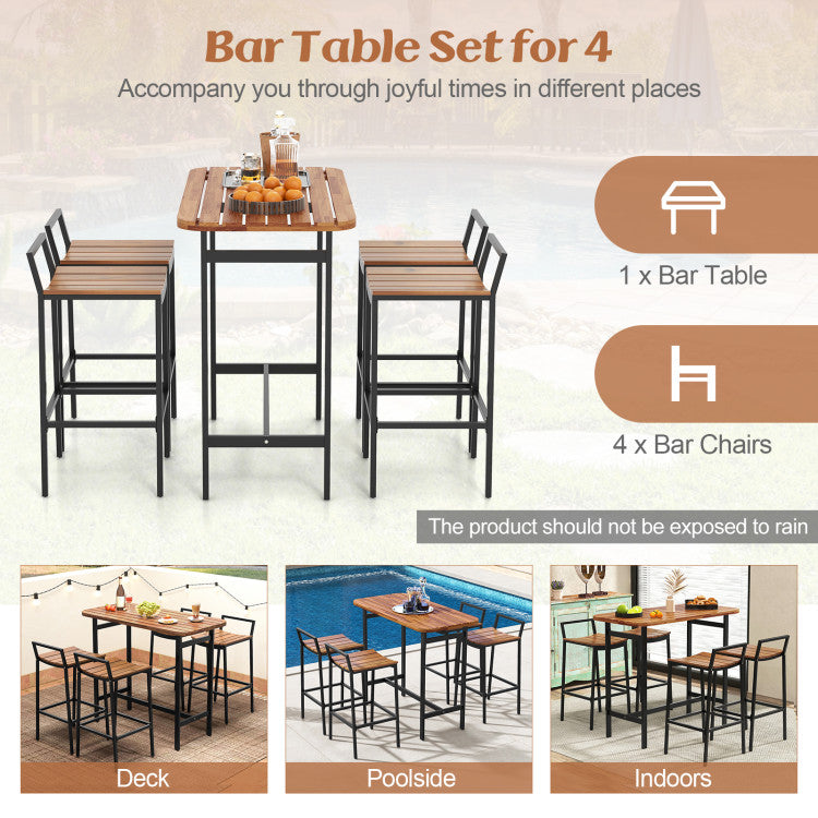 5 Piece Outdoor Acacia Wood Bar Height Table Set Patio Furniture Bistro Set with Adjustable Foot Pads and Footrest