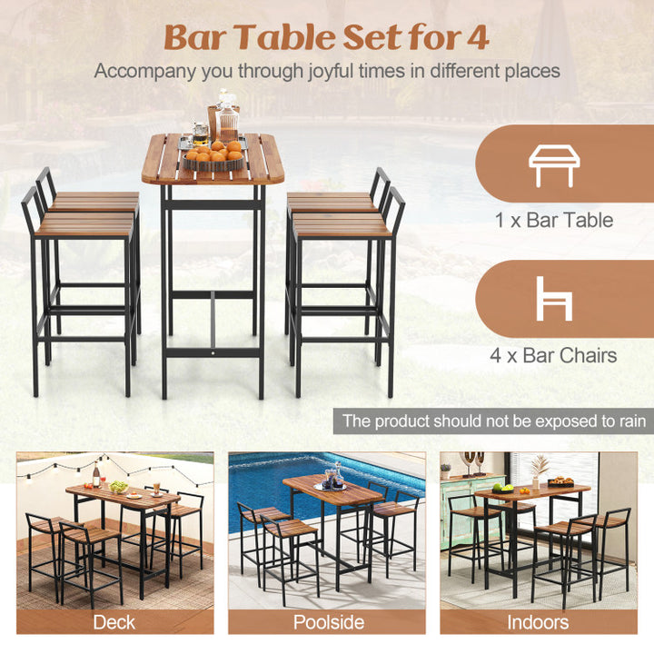 5 Piece Outdoor Acacia Wood Bar Height Table Set Patio Furniture Bistro Set with Adjustable Foot Pads and Footrest