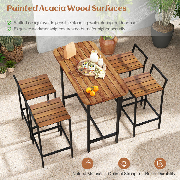 5 Piece Outdoor Acacia Wood Bar Height Table Set Patio Furniture Bistro Set with Adjustable Foot Pads and Footrest