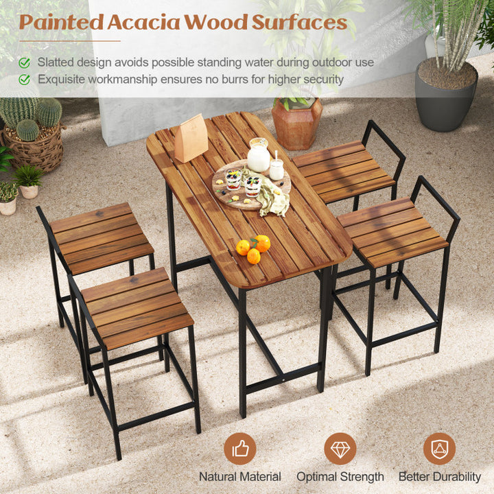 5 Piece Outdoor Acacia Wood Bar Height Table Set Patio Furniture Bistro Set with Adjustable Foot Pads and Footrest