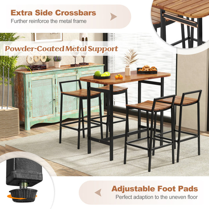 5 Piece Outdoor Acacia Wood Bar Height Table Set Patio Furniture Bistro Set with Adjustable Foot Pads and Footrest