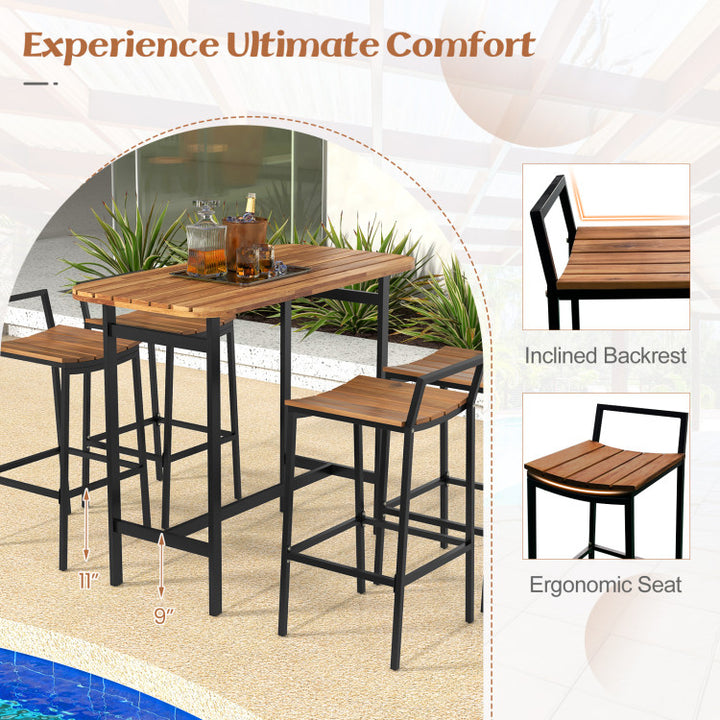 5 Piece Outdoor Acacia Wood Bar Height Table Set Patio Furniture Bistro Set with Adjustable Foot Pads and Footrest